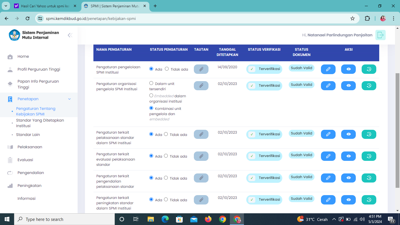 Data Pelaporan SPMI Online